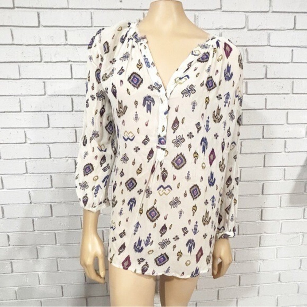 Lucky Brand Cream Purple Ikat Split V-Neck Long Sleeve Peasant Blouse 1X